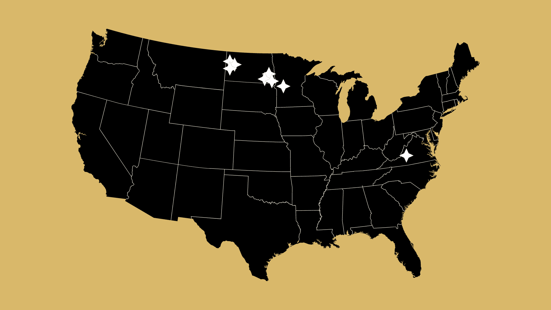 Map of the United States with white star markers on North Dakota, South Dakota, and Virginia.